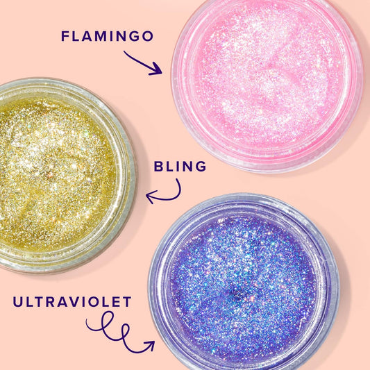 UNICORN SNOT Holographic Face Glitter & Body Glitter Gel | Holiday Glitter Makeup: Stocking Stuffers & Christmas Gift | Hair Glitter, Vegan & Cruelty-Free, 1.7 oz 3-Pack (Flamingo/UV/Bling)