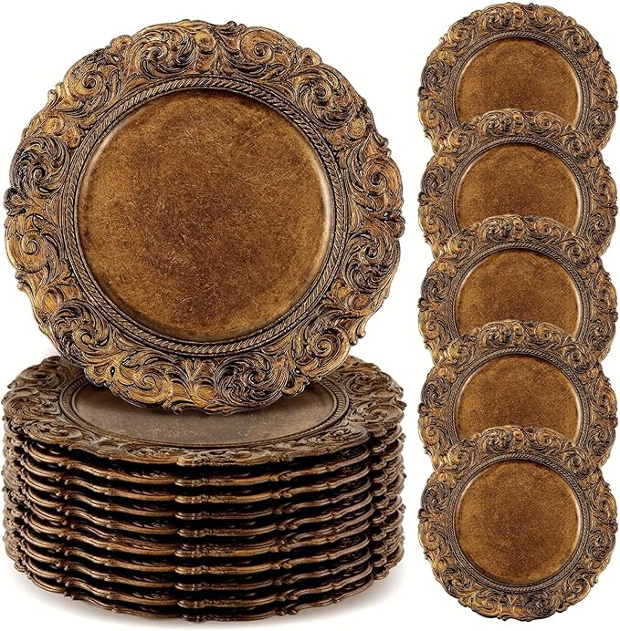 30 Pcs Antique Gold Charger Plates Bulk 13 Inch Embossed Rim Plastic Round Decorative Vintage Plates Charger for Dinner Wedding Party Event Table Setting Decoration (Classic)