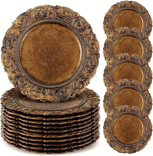 30 Pcs Antique Gold Charger Plates Bulk 13 Inch Embossed Rim Plastic Round Decorative Vintage Plates Charger for Dinner Wedding Party Event Table Setting Decoration (Classic)