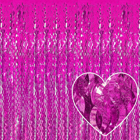 4 Pack Rose Red Fringe Curtain Backdrop 3.2Ft x 8.2Ft Metallic Tinsel Foil Fringe Streamers Background for Photo Booth, Easter, Mother's Day, Bachelorette, Wedding, Birthday Party Decoration