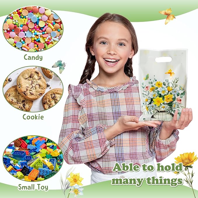 Bright Wildflower Party Favor Bags - 50Pcs Plastic Bright Wild Flowers Candy Treat Gift Bag with Handles Butterfly Snack Goodie Gift Sacks Wedding Birthday Party Supplies Baby Shower Decor