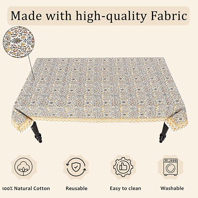 Ridhi Hand Block Print Goldenrod Yellow Rectangle Cotton Tablecloth 140" x 72" Reusable Table Cover Decorative Everyday Use for Dining, Farmhouse, Home Gift for Spring, Easter, Valentine