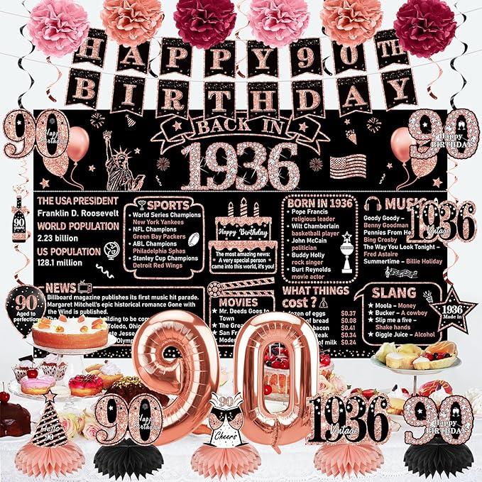 Zirtorei 90th Birthday Decorations for Women, 21pcs the Year 1936 Banner Balloon Party Supplies, Rose Gold 90 Year Old Birthday Backdrop, 90 Bday Honeycomb Centerpiece Hanging Swirls Sash Gifts