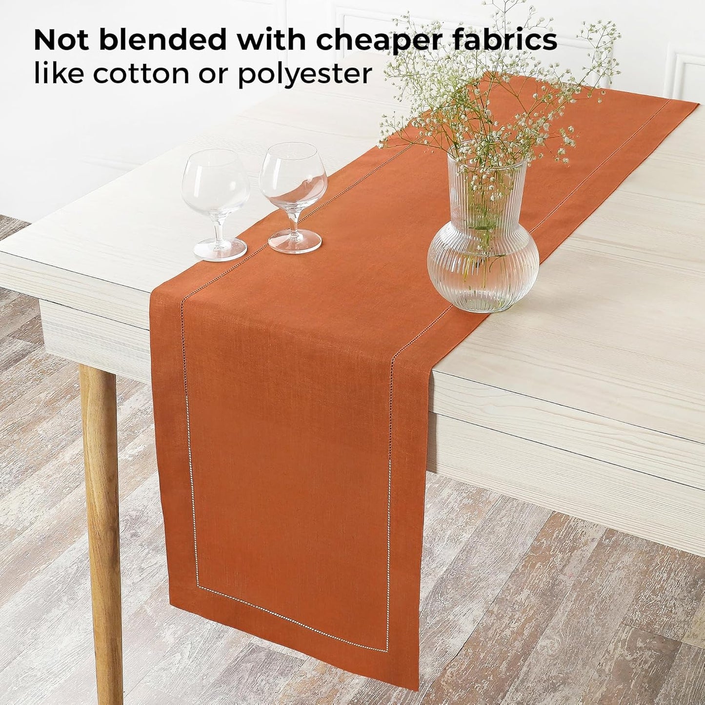 D'Moksha Homes Linen Rust Table Runner 90 Inches Long - Classic Hemstitch 100% Pure Linen Dining Table Runner 14 x 90 Inch for Fall, Halloween