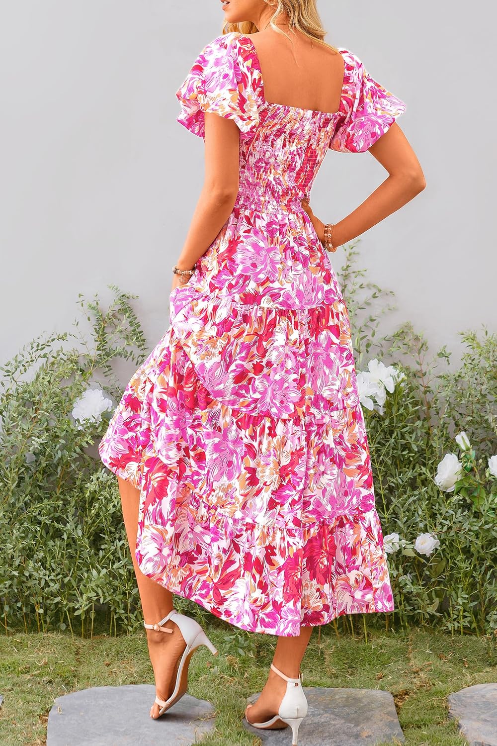 PRETTYGARDEN Women's Casual Summer Midi Dress Puffy Short Sleeve Square Neck Smocked Tiered Ruffle Dresses