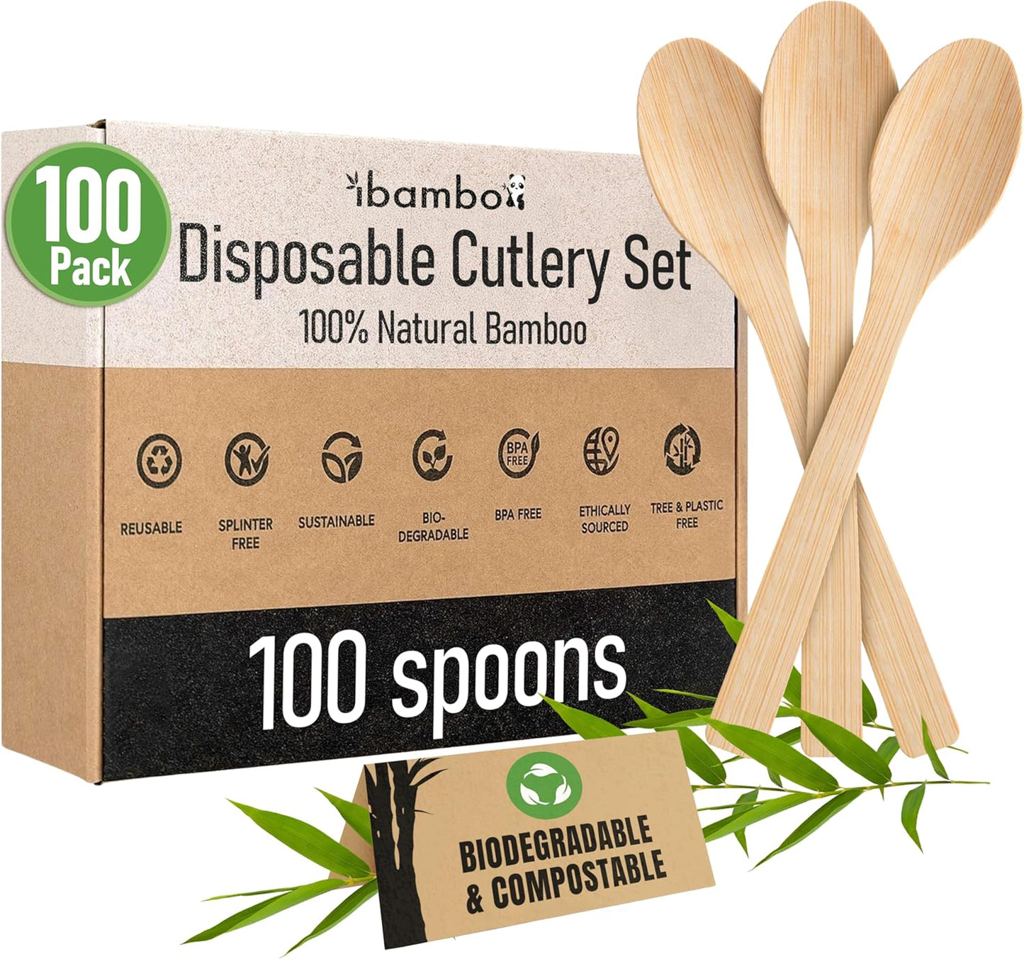 Ibambo 100% Bamboo Spoons Set - Biodegradable Silverware (100 Small Bamboo Spoons) | Reusable or Disposable Party Cutlery | Compostable FSC Certified Flatware for Weddings, Camping, Parties