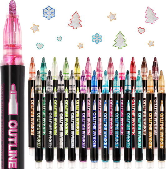 Outline Glitter Markers, 24 Colors Outline Shimmer Markers, Teen Girl Gifts Trendy Stuff, Glitter Pens Set, Art Crafts School Journaling Supplies for Kids Girls Ages 4-16 Year Old