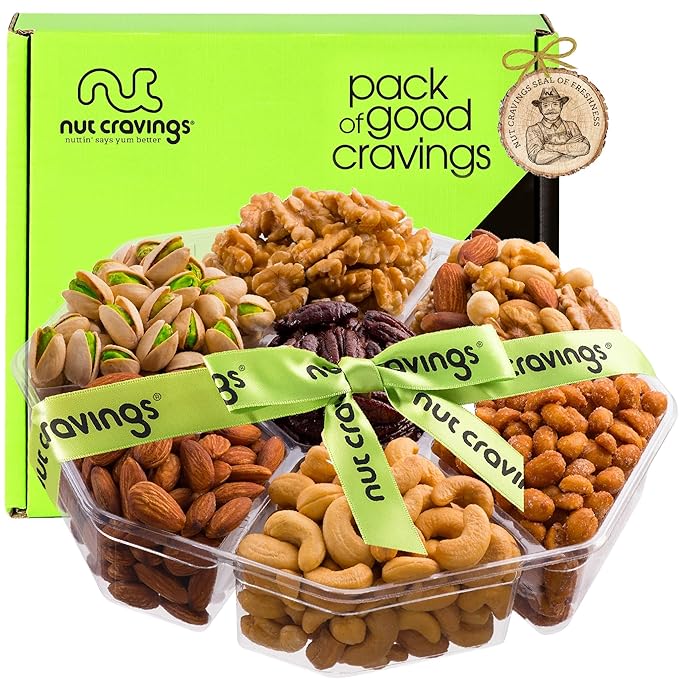 NUT CRAVINGS - Halloween Treats For Adults Mixed Nuts Gift Basket + Green Ribbon (7 Assortments, 2.2 LB) Holiday Xmas Christmas Food Arrangement, Healthy Snack Care Package, Food Assortments