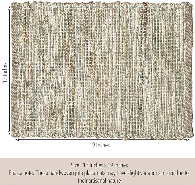Chardin Home Natural Jute & Sage Green-White Placemats, Set of 4 – Rustic Handmade Boho Table Mats, 13x19 In Dining Table Placemats - Kitchen, Everyday Meals, Holidays, Farmhouse or Modern Table Décor