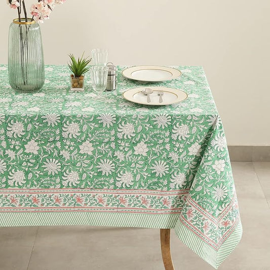 Labhanshi Indian Block Print Table Cloth|French Floral Handmade 10 Seater 72x135 Inch Rectangle Cotton Table Cover|Spring Easter St.Patrick Dining Tablecloth|Farmhouse Table Scape Decor|Green Leaf