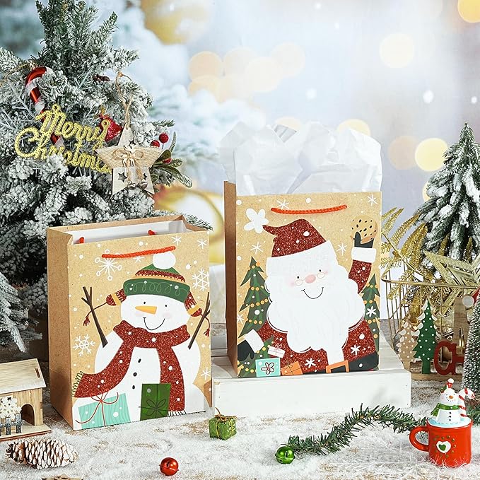 Loveinside Christmas Gift Bags Set, Glitter Foil Santa, Penguin, Snowman & Polar Bear Design, Medium Size Bags with Handle, Tissue Paper for Christmas Gifts & Party Favors, 4 Pack, 7" X 4" X 9"
