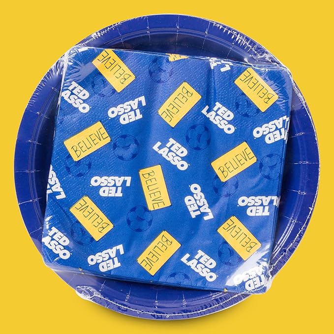 Silver Buffalo Ted Lasso Be a Goldfish Believe 32 Pack Partyware Disposable Paper Plates and Napkins