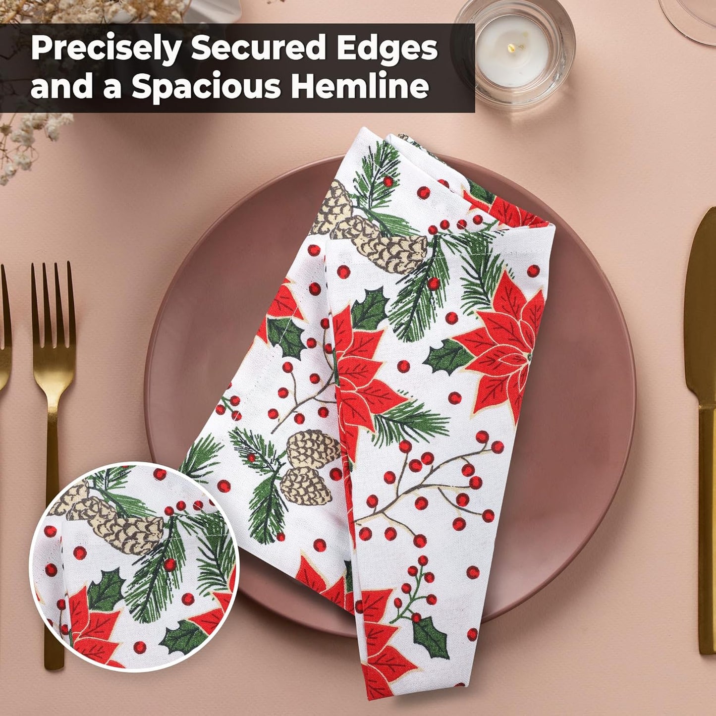 Urban Villa Christmas Dinner Napkins Set of 12 Pine Cone Print Cloth Napkins 100% Cotton Premium Quality 20x20 Inches Over Sized Cloth Napkins with Mitered Corners Durable Hotel Quality
