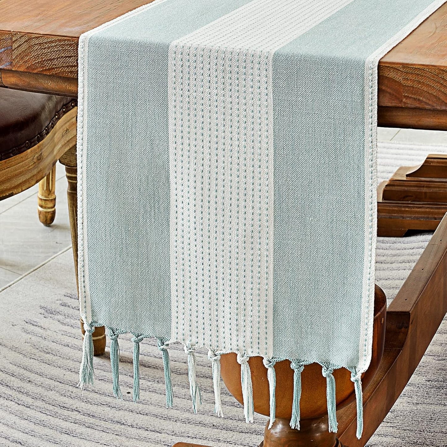 Wracra Linen Table Runner, Farmhouse Macrame Table Runners 36 Inches Long for Dining Table Decor, Wedding, Party and Dresser Decor (Aqua Blue,36")