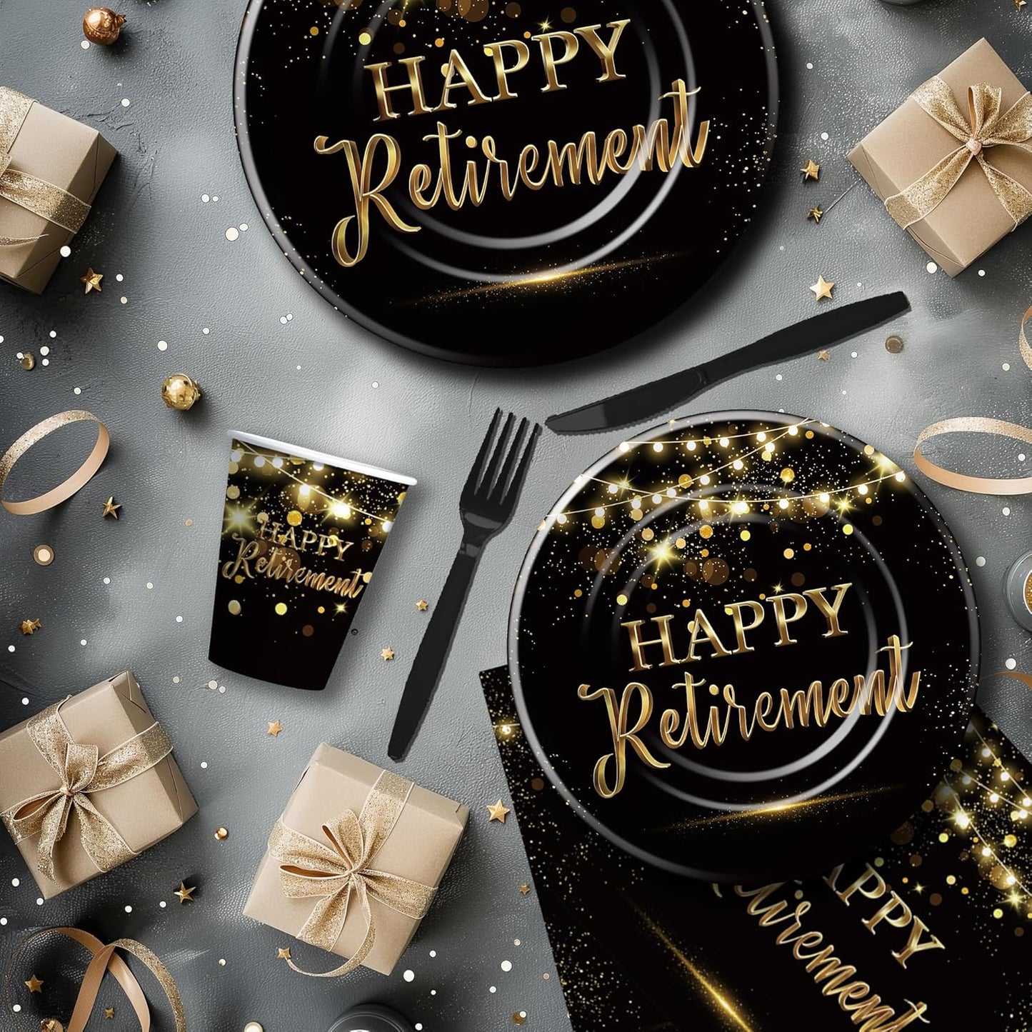 Retirement Decorations Party Supplies, Gold Black Happy Retirement Party Decorations Tableware For Men Women, Paper Plate, Napkin, Cup, Cutlery, Tablecloth, 24 Guests
