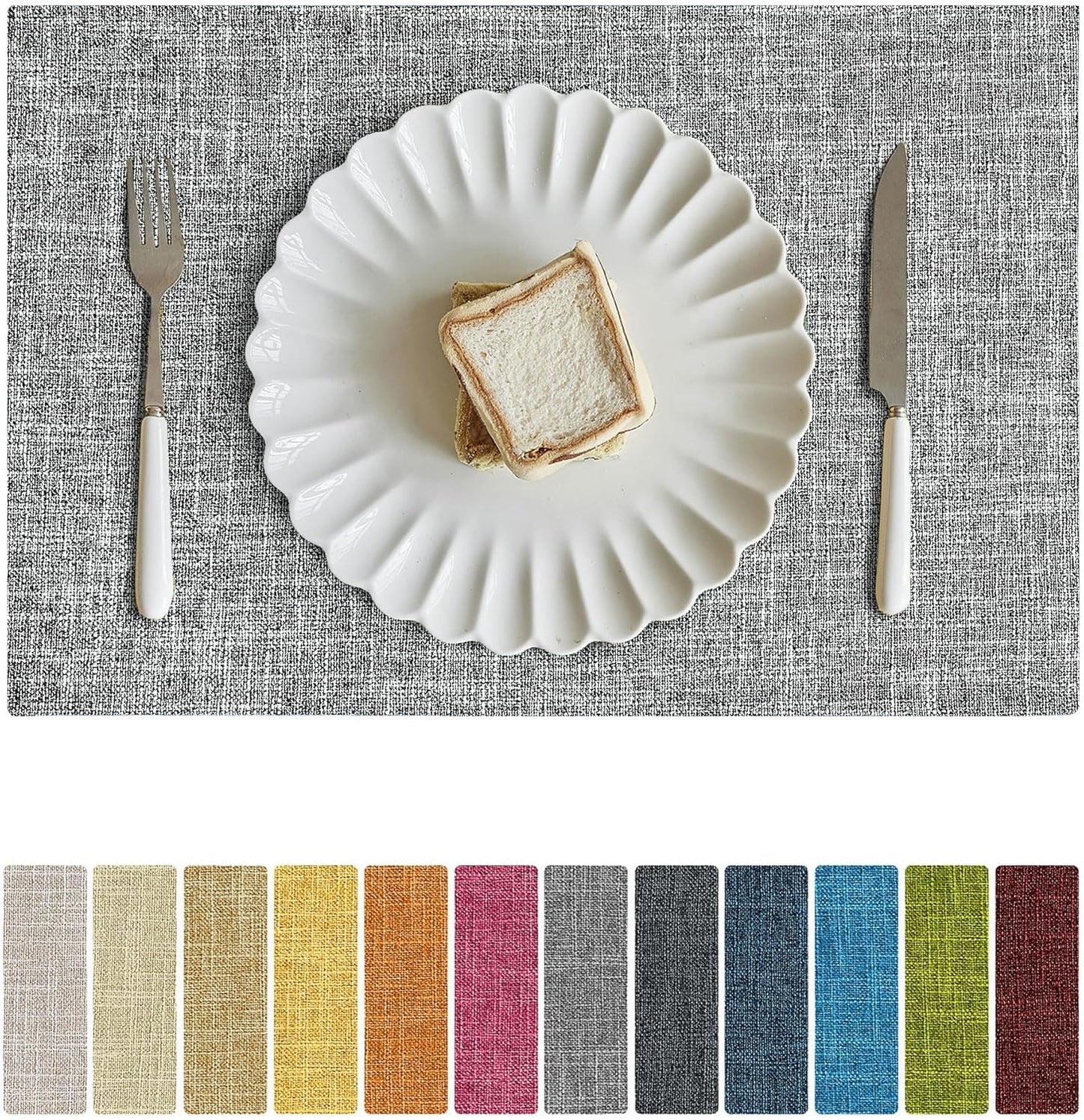 Softalker Faux Linen Placemats Set of 12-12 x 18 Inch, Heat Resistant Double Layered Durable Burlap Farmhouse Place Mats, Non-Slip Washable Rustic Table Mats for Dining, Kitchen, Party（Ash Grey