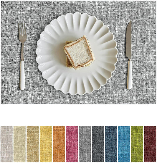 Softalker Faux Linen Placemats Set of 12-12 x 18 Inch, Heat Resistant Double Layered Durable Burlap Farmhouse Place Mats, Non-Slip Washable Rustic Table Mats for Dining, Kitchen, Party（Ash Grey