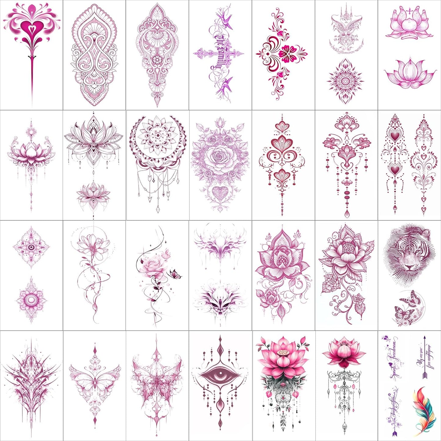 Pink Boho Temporary Tattoos | realistic temporary tattoos specially designed for women. These are waterproof fake tattoo stickers featuring floral and butterfly patterns.