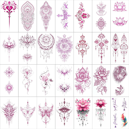 Pink Boho Temporary Tattoos | realistic temporary tattoos specially designed for women. These are waterproof fake tattoo stickers featuring floral and butterfly patterns.