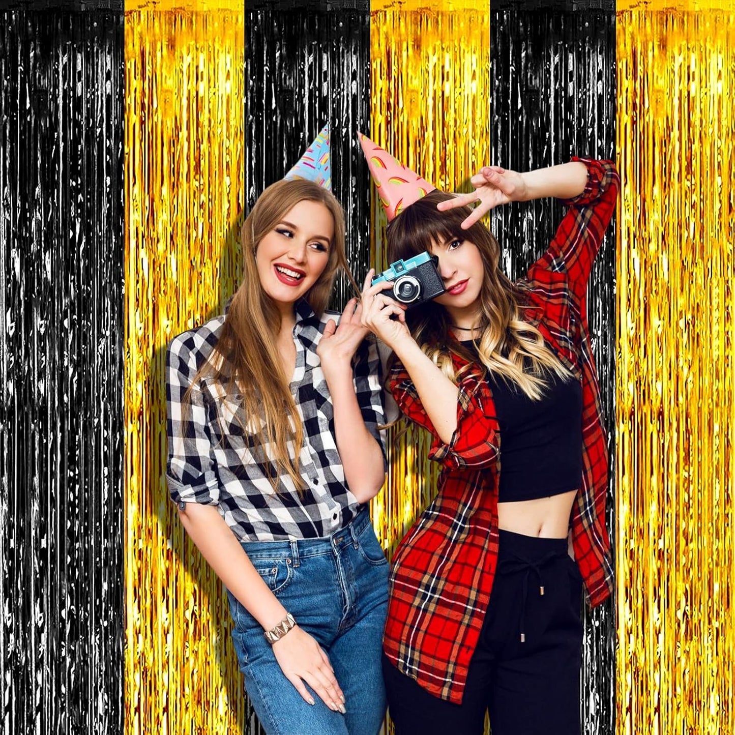 4 Pack 3.2Ft x 6.6Ft Black Gold Foil Fringe Curtain Backdrop, Metallic Tinsel Foil Fringe Streamers Curtains Background for Photo Booth, Birthday, Wedding, Graduation, Carnival Party Decoration