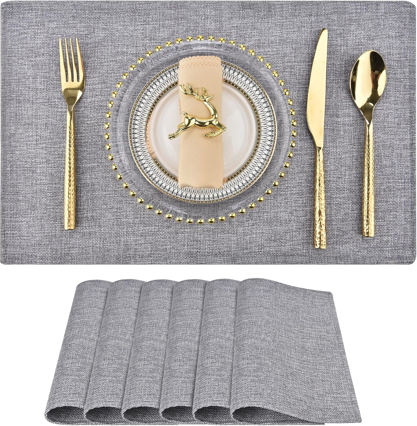SLKQG Placemats Set of 6, Heat Resistant & Machine Washable Faux Linen Double-Layered Cloth Placemats for Dining Table, Indoor/Outdoor Use, Wrinkle-Free and Non-Slip Kitchen Table Mats (6, Smoke Gray)