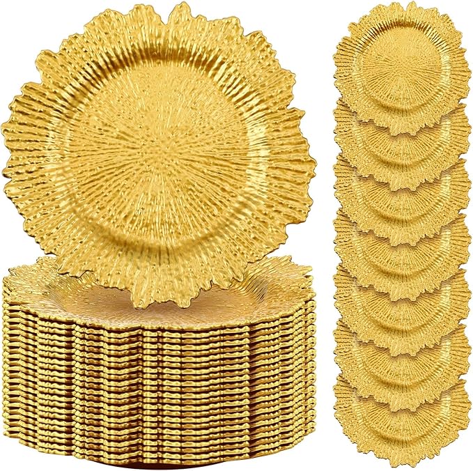 Rtteri 50 Pcs 13 Inch Charger Plates Bulk, Plastic Charger Plates with Floral Reef Design, Round Ruffled Rim Decorative Dinner Tableware for Wedding, Party, Event Table Decor(Gold)