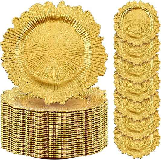 Rtteri 50 Pcs 13 Inch Charger Plates Bulk, Plastic Charger Plates with Floral Reef Design, Round Ruffled Rim Decorative Dinner Tableware for Wedding, Party, Event Table Decor(Gold)