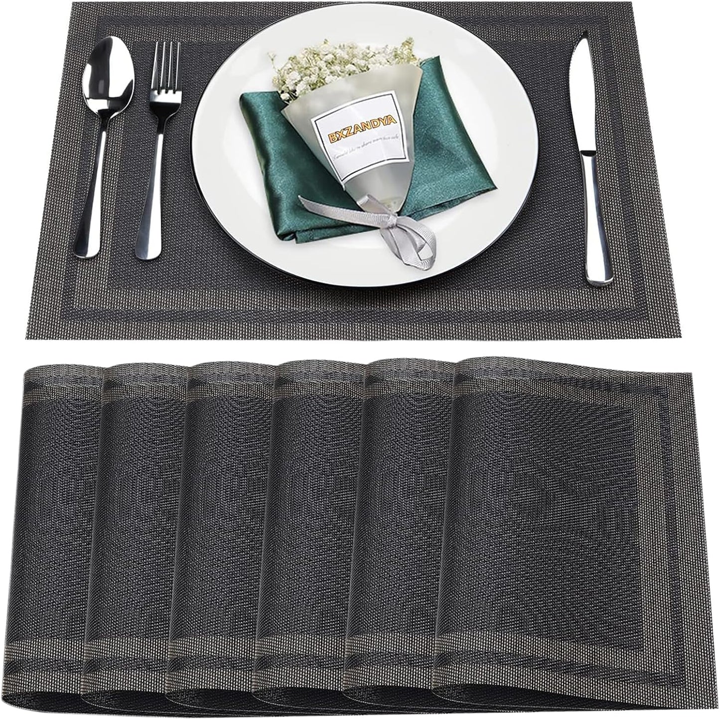 Placemats Set of 6,Washable,Heat and Stain Resistant Indoor/Outdoor Place mats,Vinyl Woven Non Slip Table Mats for Restaurant Table Protection,PVC Placemats(Black Gold,6PCS)
