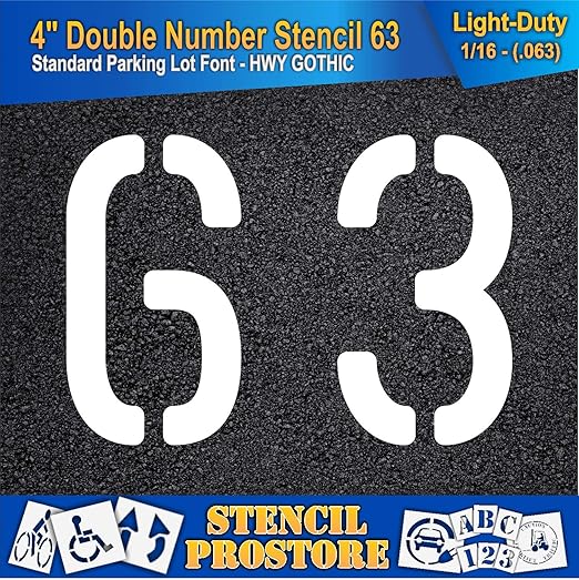 Pavement, Curb, and WheelStop Stencils - 4 inch Double Number Stencil - (63) - 4" x 5.5" x 1/16" (63 mil) - Light-Duty