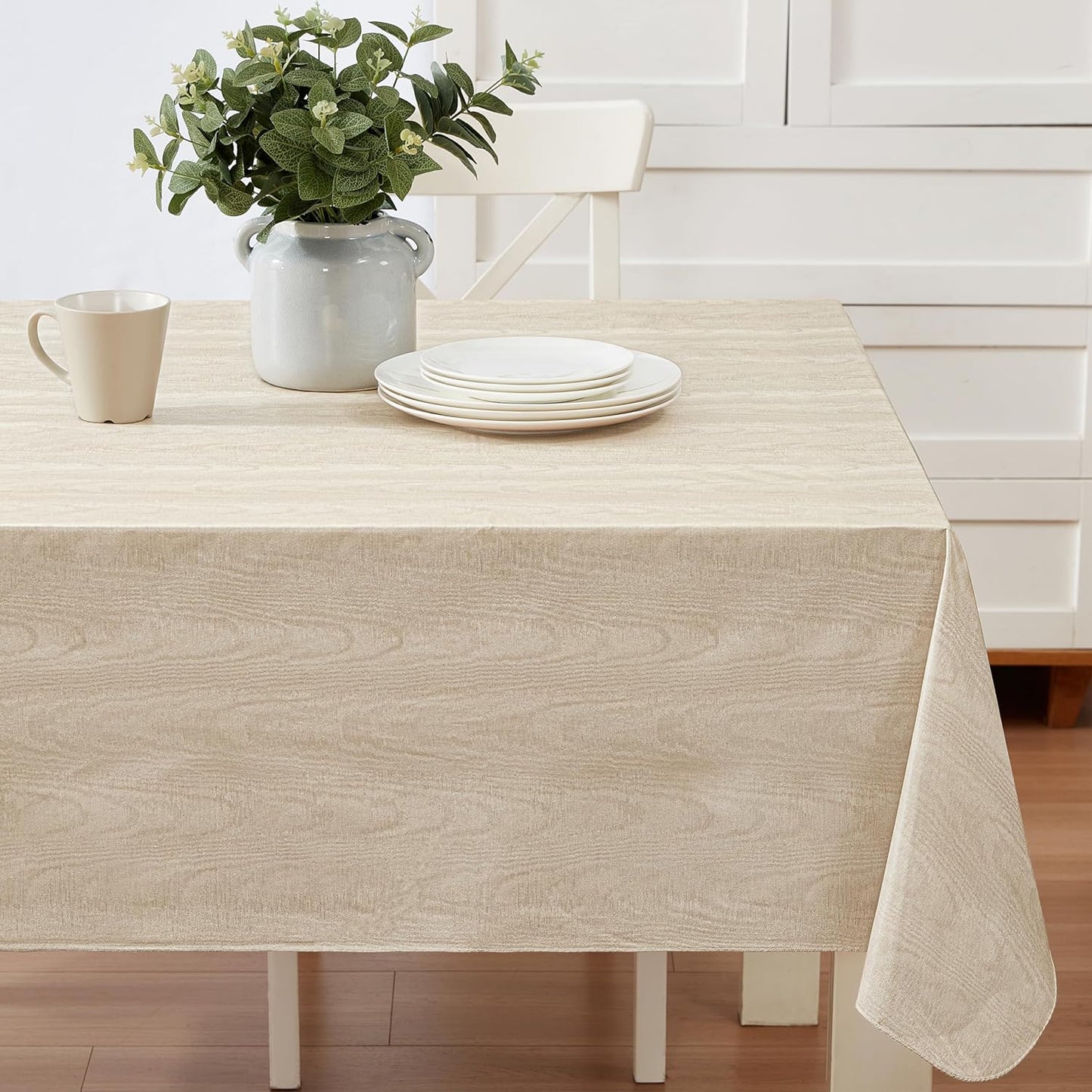 Newbridge Vinyl Flannel Backed Tablecloth, 52 x 52 Inch Square, Taupe Moire Wavy Solid Design, Heavyweight Indoor Outdoor Waterproof Table Cover, Easy Care Wipe Clean