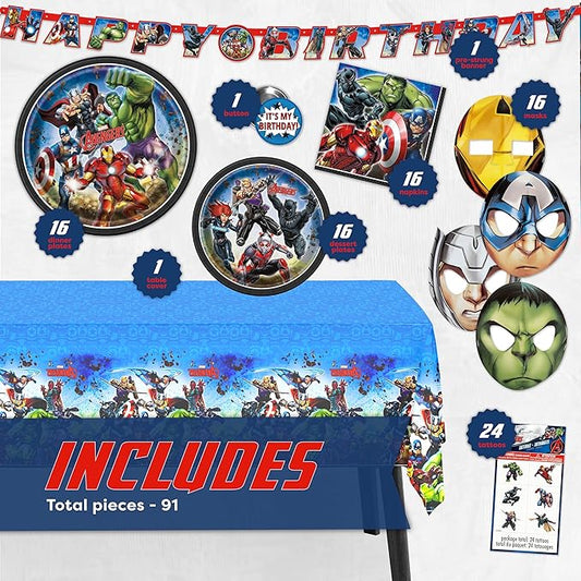 Marvel Avengers Party Supplies and Decorations, Avengers Birthday Party Supplies, Serves 16 Guests, Officially Licensed with Table Cover, Banner Decor, Plates, Napkins, and More