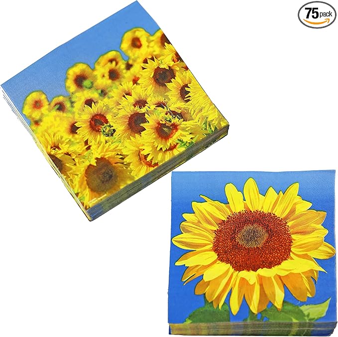 Iconikal 75-Count Disposable Paper Party Napkins Sunflower Fields 6.5x6.5-Inch 2-Ply 2-Sided Design Birthday Dinner Event Decor Bulk Pack