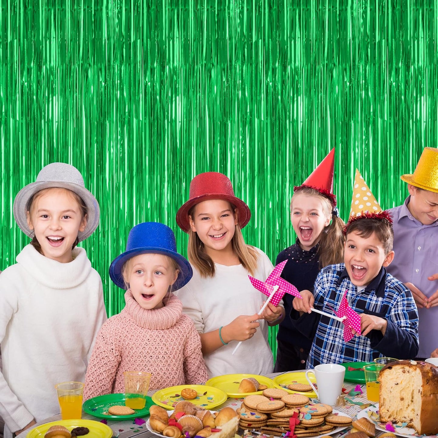 4 Pack Green Streamers, 3.28 FT x 7.05 FT Birthday Tinsel Backdrop, Metallic Foil Fringe Curtains Photo Booth Backdrop, Green Jungle Theme Decorations Birthday Decor