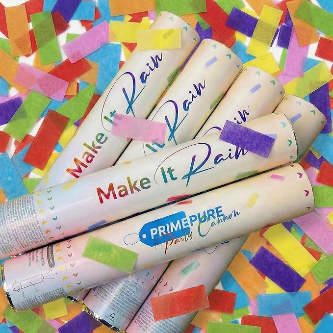 PrimePure Confetti Cannon Party Poppers - Biodegradable Multicolor Rectangular Confetti Poppers - 6 Pack - Party Cannon Shooters Gun for Wedding, Birthdays, Celebrations