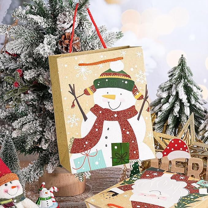 Loveinside Christmas Gift Bags Set, Glitter Foil Santa, Penguin, Snowman & Polar Bear Design, Medium Size Bags with Handle, Tissue Paper for Christmas Gifts & Party Favors, 4 Pack, 7" X 4" X 9"