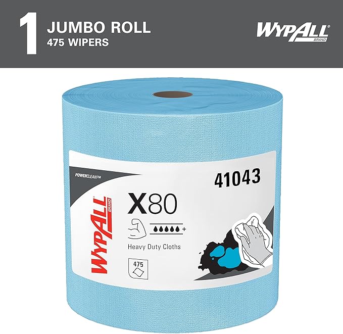 WypAll PowerClean X80 Cloths Heavy Duty Wipes (41043), Jumbo, Extended Use Towels, Blue (1 Roll of 475 Sheets, 475 Sheet Total)