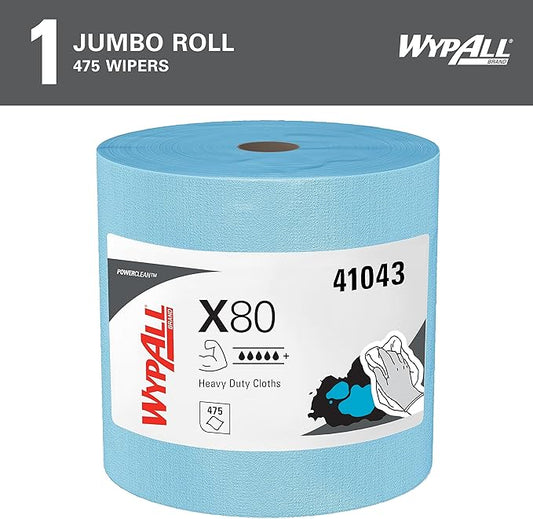 WypAll PowerClean X80 Cloths Heavy Duty Wipes (41043), Jumbo, Extended Use Towels, Blue (1 Roll of 475 Sheets, 475 Sheet Total)
