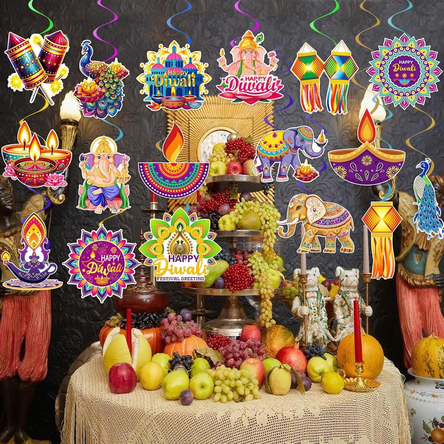 40Pcs Happy Diwali Hanging Swirls Decorations, Deepavali Ceiling Streamer India Festival of Lights Party Hanging Swirls for Home Office Indian Diwali Deepavali Party Decorations