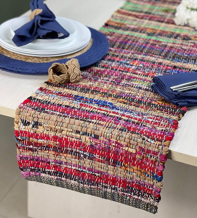 Chardin home Eco Friendly Rainbow Multi Chindi Colorful Table Runner. Size: 13''x90'', Multi Color