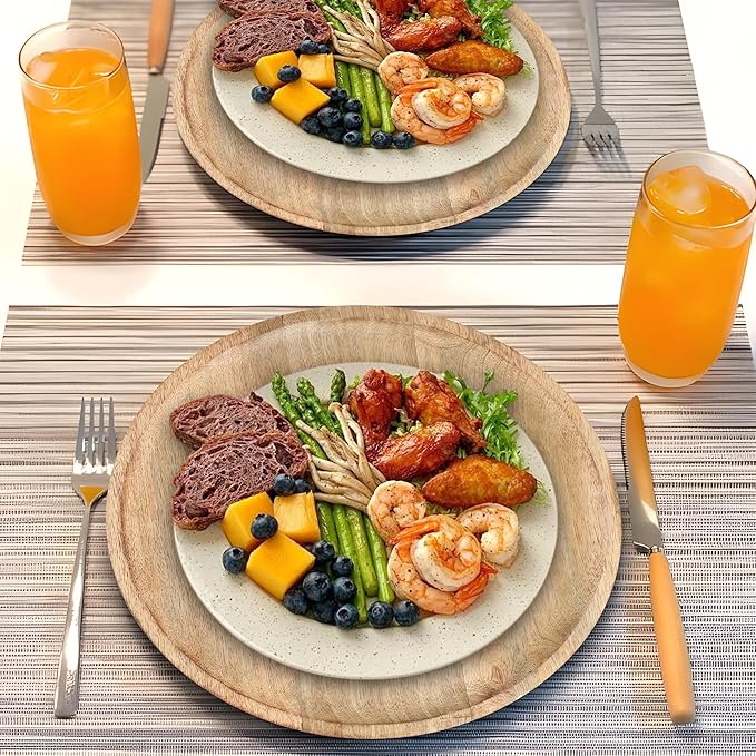 Lightnpro Round Wood Plates - 13 Inch Natural Hand Made Wooden Charger Plates, Easy Cleaning Lightweight Serving Plates for Dishes, Snack, Dessert, Salad - 2 Pack