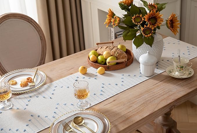 Boho Table Runner 13 x 60 Inch Long Natural Cotton Woven Runner with Tassels for Home Dining Table décor, for Modern Farmhouse Decor Coffee Table Runner, Light Blue and Beige