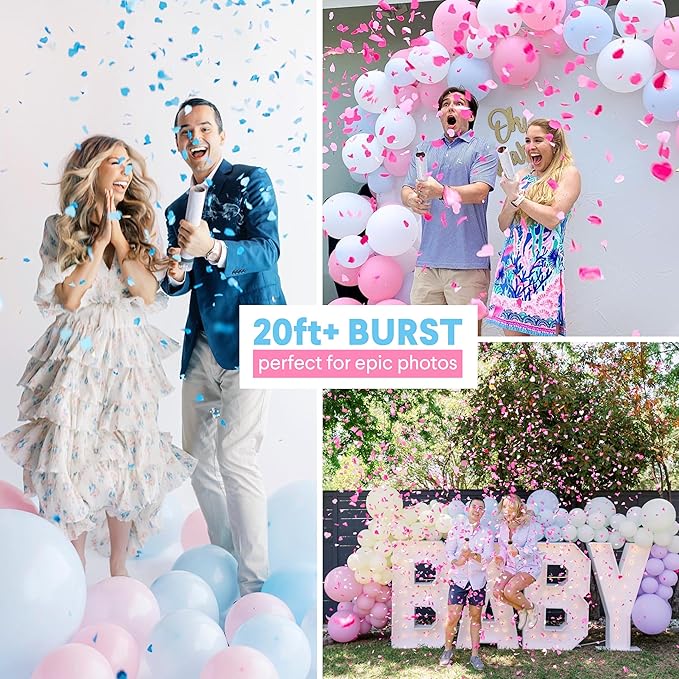 PrimePure Gender Reveal Confetti Cannon - Biodegradable Heart Shaped Confetti Poppers - Pink & Blue, 4 Pack - Baby Girl or Baby Boy Gender Reveal Party Poppers - Party Supplies Pop Gun