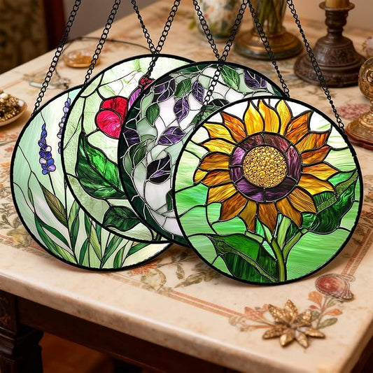 Stained Glass Window Hanging 4 Pcs Set Red Roses Yellow Sunflowers 7.8" - Flower Suncatcher Door Garden Sun Catcher Decor Birthday Mother's Day for Mom Woman Nana Girl