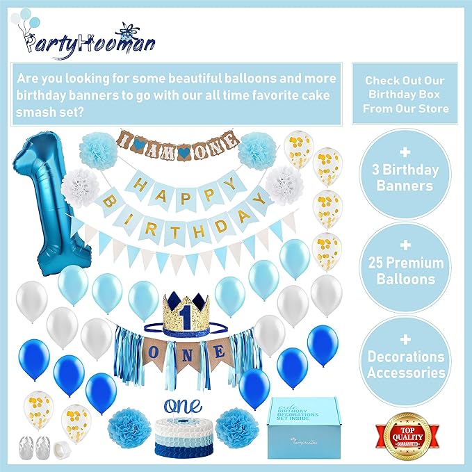 Baby 1st Birthday Boy Decorations with Crown - Baby Boy First Birthday Decorations High Chair Banner - Cake Smash Party Supplies - Happy Birthday ONE Burlap Banner, No.1 Silver and Blue Crown