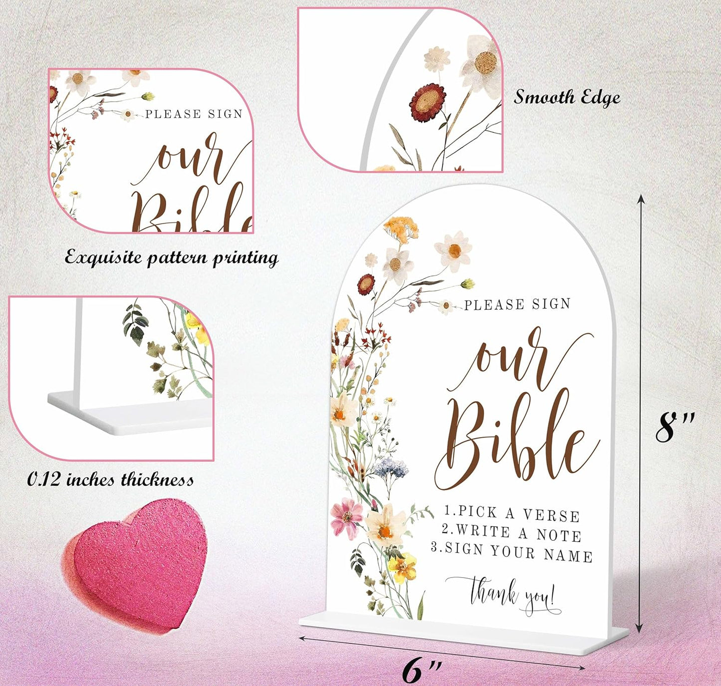 Wedding Bible Guest Book Sign, Flower Style Bridal Shower Signs for Engagement, Bridal Shower and Reception, Bridal Shower Decorations, Wedding Shower Favors, 6X8 Inch Acrylic Arch Sign with Stand,11