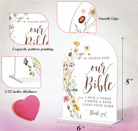 Wedding Bible Guest Book Sign, Flower Style Bridal Shower Signs for Engagement, Bridal Shower and Reception, Bridal Shower Decorations, Wedding Shower Favors, 6X8 Inch Acrylic Arch Sign with Stand,11