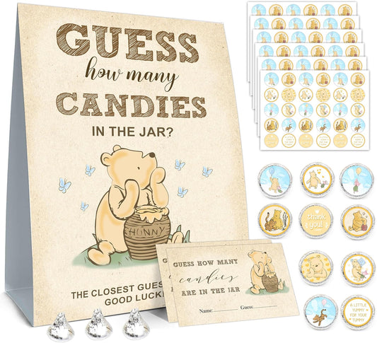 Winnie the Pooh Baby Shower Games - Guess How Many Candies Standing Sign, 50 Guessing Cards, 180 Stickers
