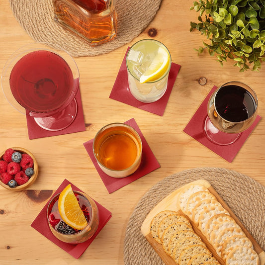 AH AMERICAN HOMESTEAD Paper Cocktail Napkins - Linen-Like Disposable Beverage Bar Napkins 4.75" x 4.75" - Bulk Square Napkins - Ideal for Party or Wedding (Burgundy -100 Count)