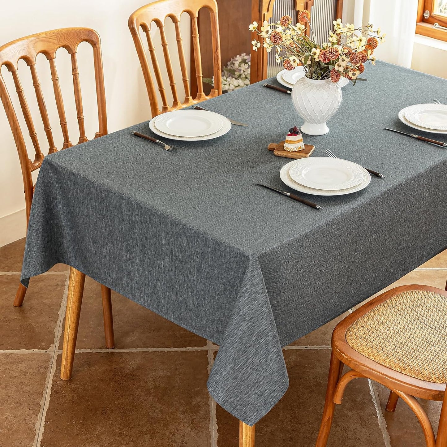 Fabric Rectangle Grey Table Cloth, Faux Linen Textured Stain Resistant & Washable Rectangular Tablecloth, Reusable for Dinning Kitchen Party, 52 x 70 Inch