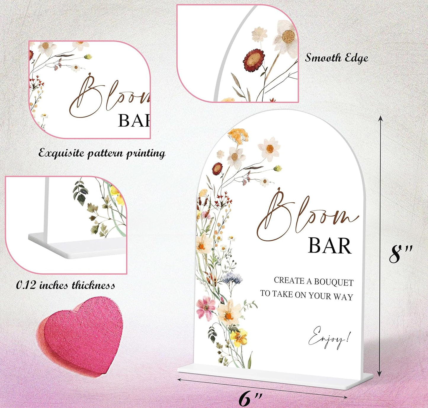 Bloom Bar Sign, Flower Style Bridal Shower Sign for Wedding, Engagement, Bridal Shower and Reception, Bridal Shower Decorations, Wedding Shower Favors, 6X8 Inch Acrylic Arch Sign with Stand,1